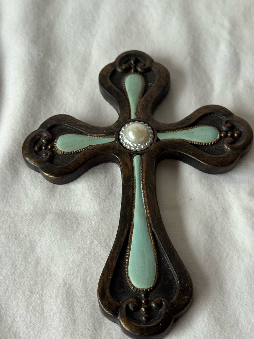 Wood Decorative Christian Wall Cross, Light Blue Inlay, Faux Pearl Center 5 in